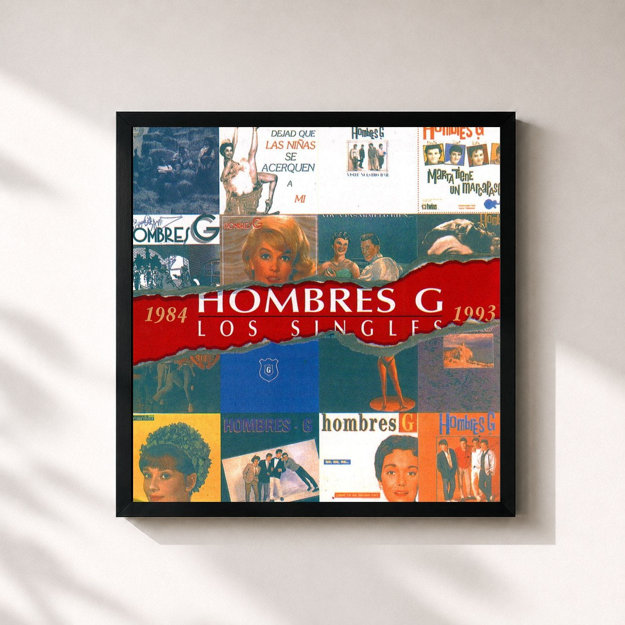 #noir Tableau carré de l'album Los Singles de Hombres G, cadre noir 32x32 cm