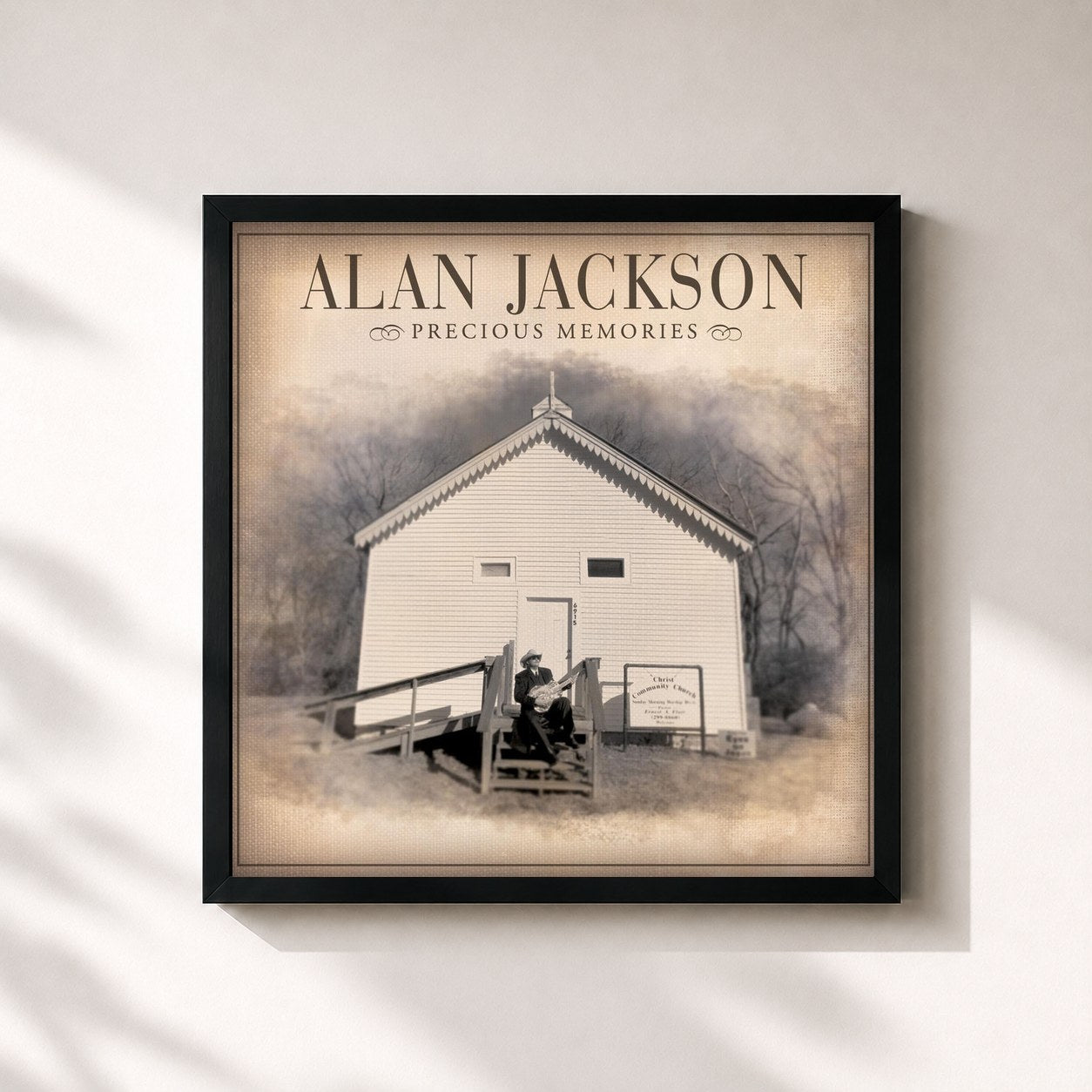 #noir Tableau carré de l'album Precious Memories de Alan Jackson, cadre noir 32x32 cm
