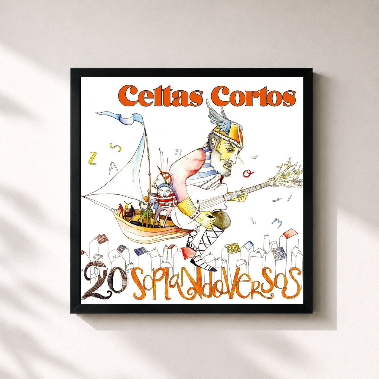 #noir Tableau carré de l'album 20 soplando versos de Celtas Cortos, cadre noir 32x32 cm
