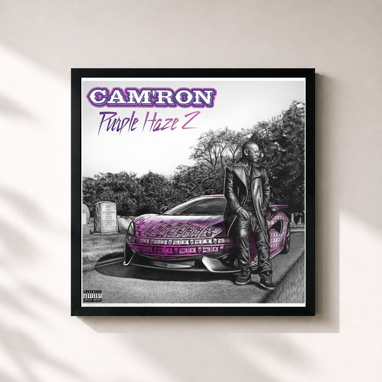 #noir Tableau carré de l'album Purple Haze 2 de Cam'ron, cadre noir 32x32 cm