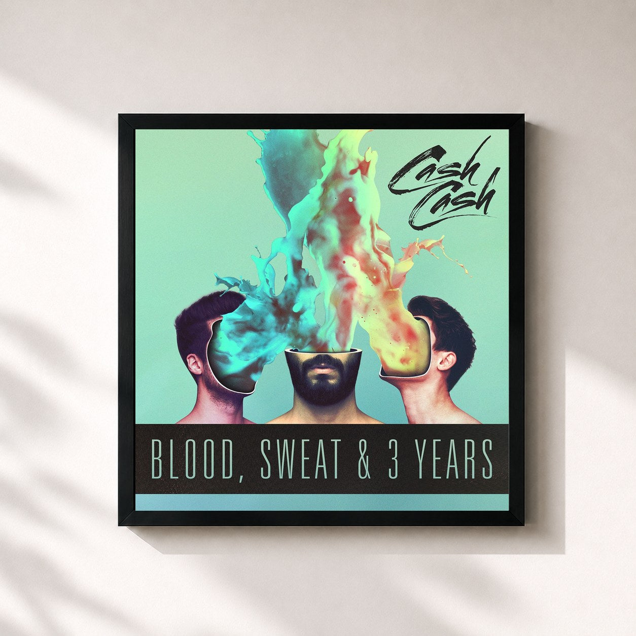 #noir Tableau carré de l'album Blood, Sweat & 3 Years de Cash Cash, cadre noir 32x32 cm