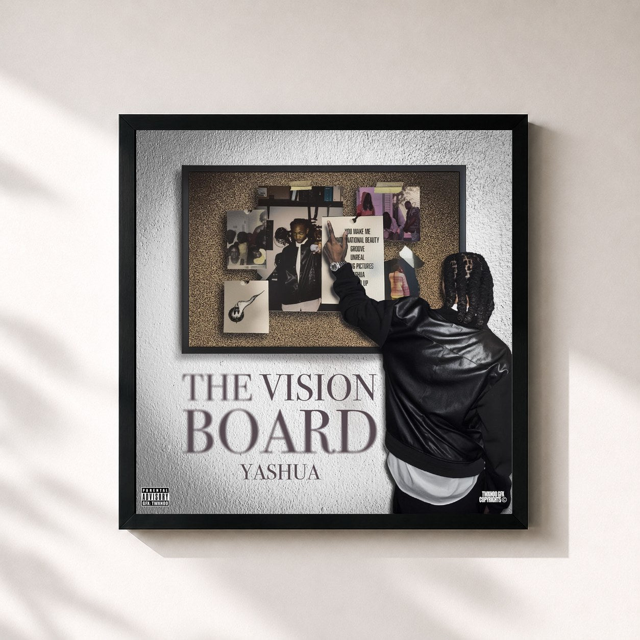#noir Tableau carré de l'album The Vision Board de Yashua, cadre noir 32x32 cm