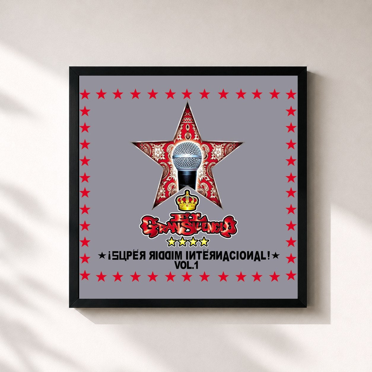 #noir Tableau carré de l'album Super Riddim Internacional Volumen 1 de El Gran Silencio, cadre noir 32x32 cm