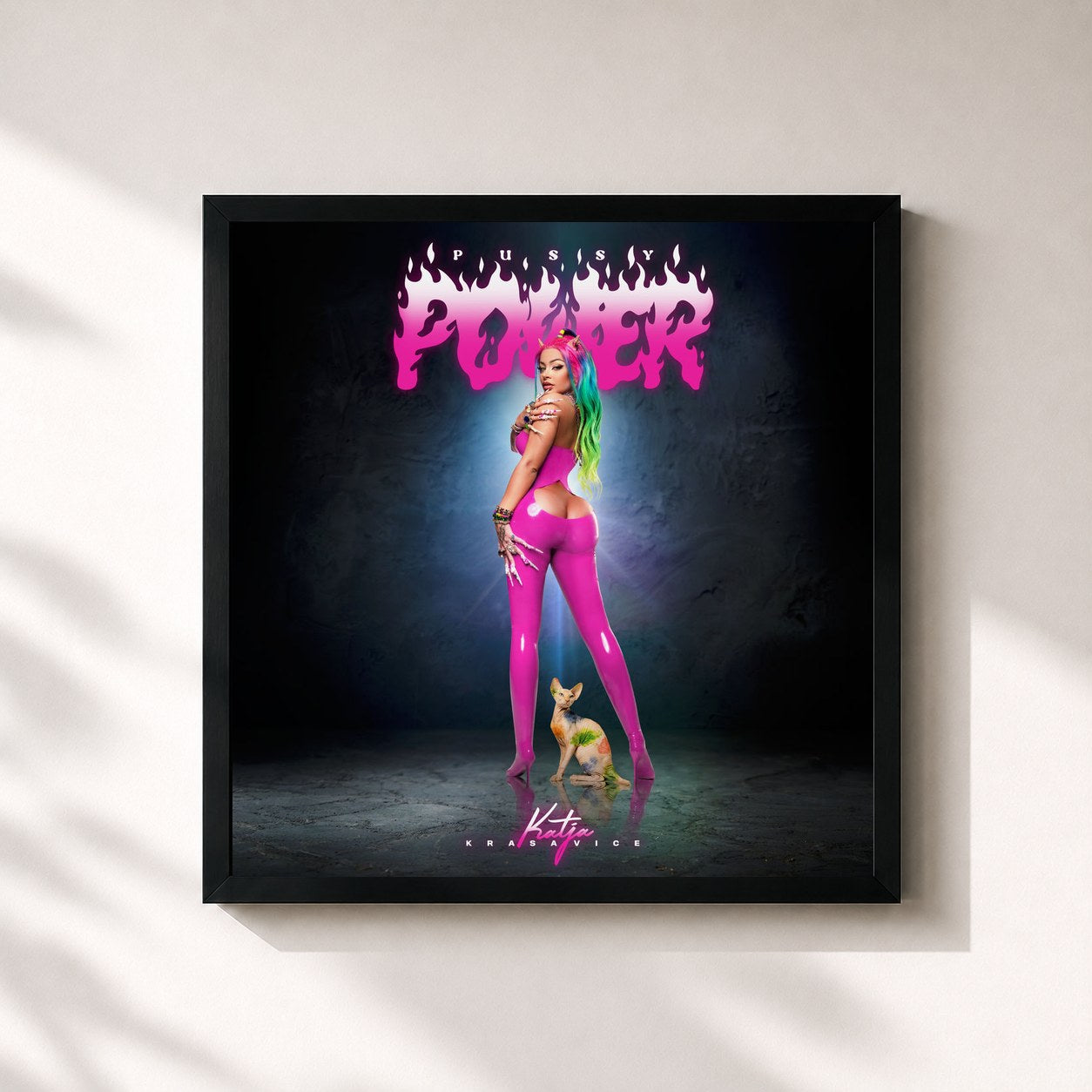 #noir Tableau carré de l'album Pussy Power de Katja Krasavice, cadre noir 32x32 cm