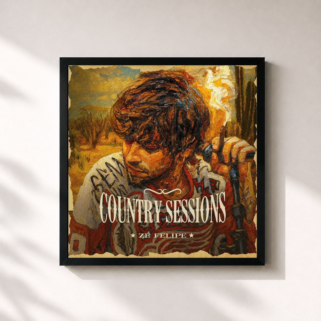 #noir Tableau carré de l'album Country Sessions de Zé Felipe, cadre noir 32x32 cm