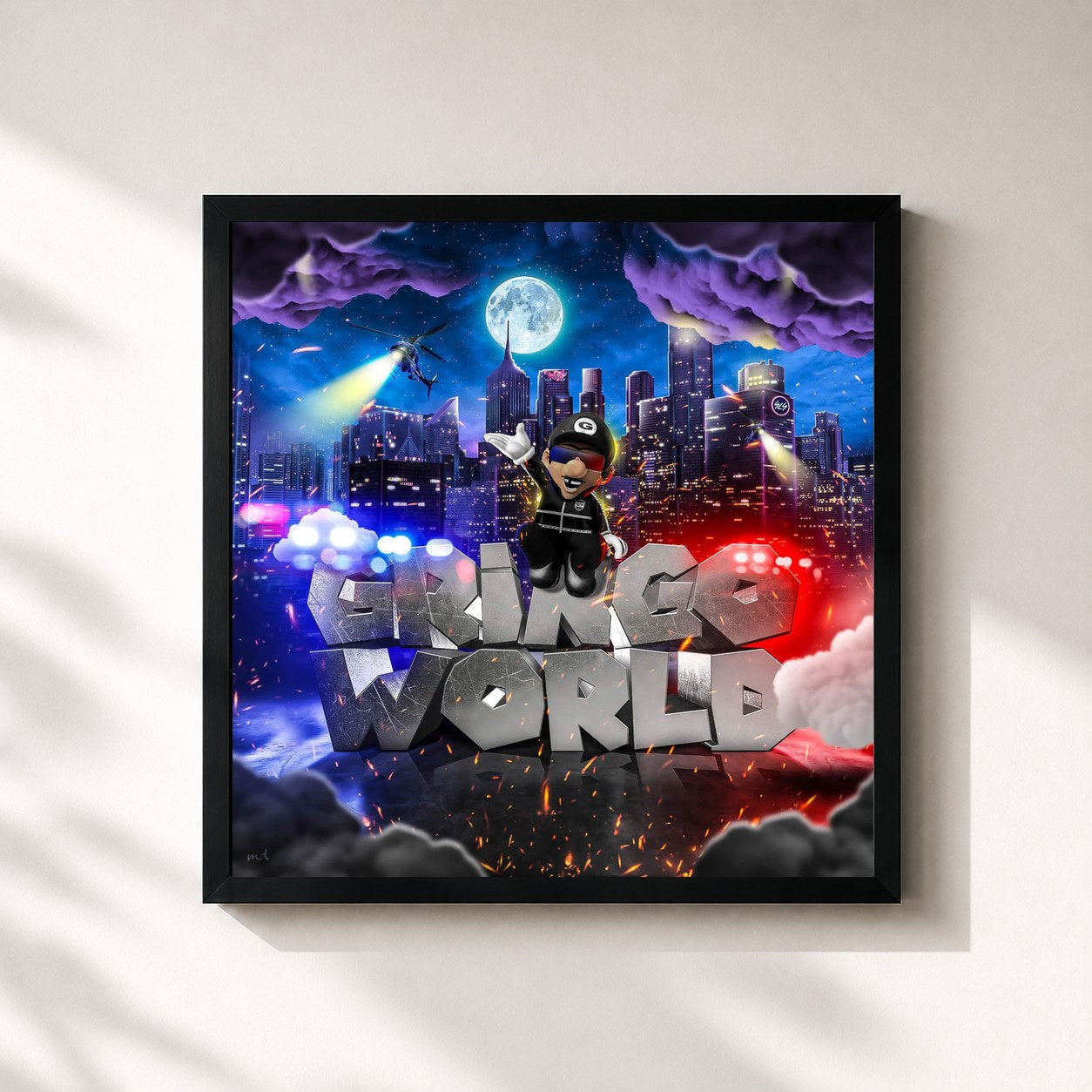 #noir Tableau carré de l'album GRiNGOWORLD de Gringo, cadre noir 32x32 cm