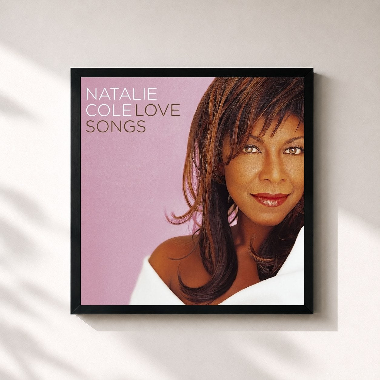 #noir Tableau carré de l'album Love Songs de Natalie Cole, cadre noir 32x32 cm
