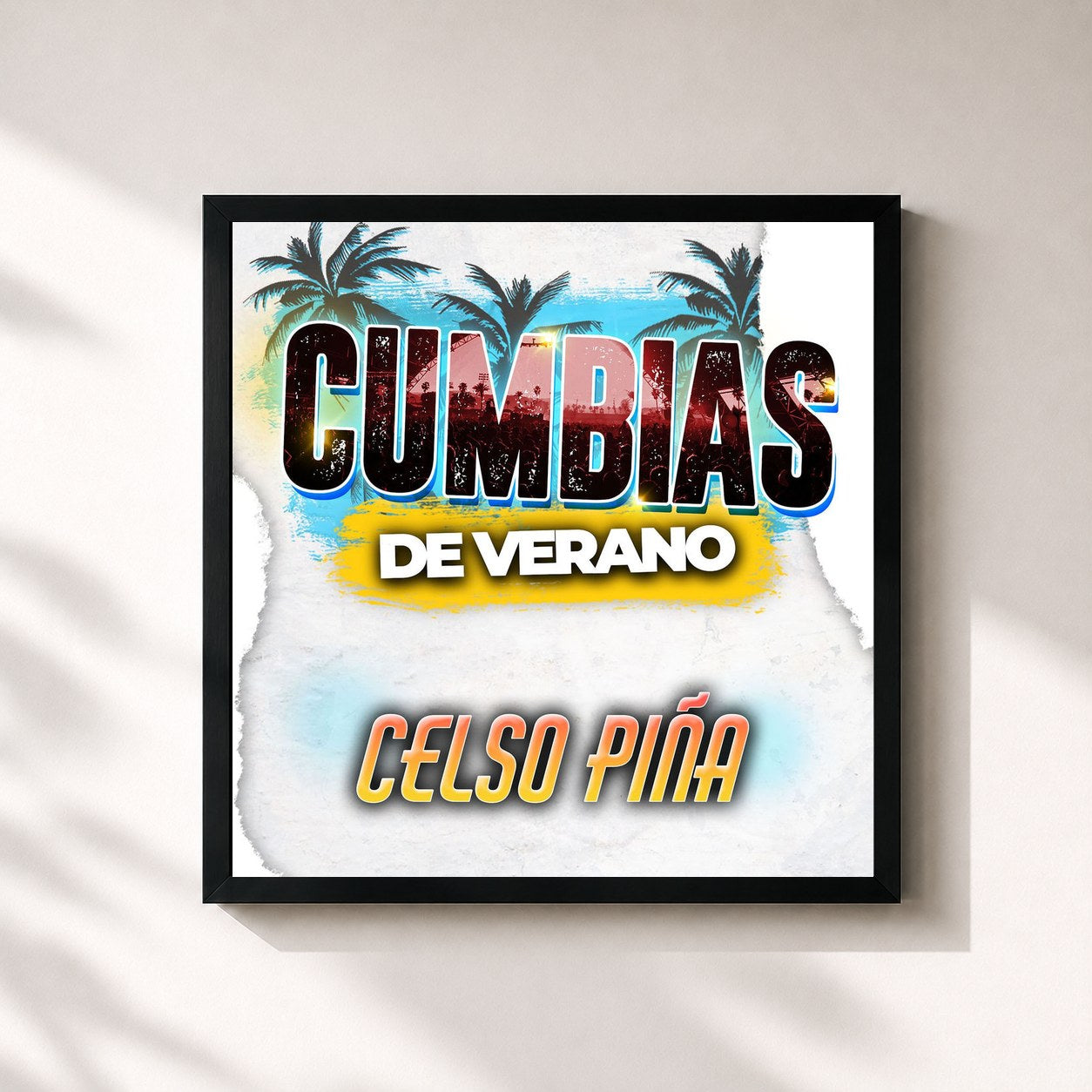 #noir Tableau carré de l'album CUMBIAS DE VERANO de Celso Piña, cadre noir 32x32 cm