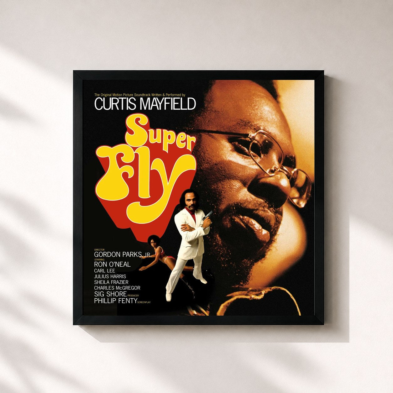 #noir Tableau carré de l'album Superfly de Curtis Mayfield, cadre noir 32x32 cm