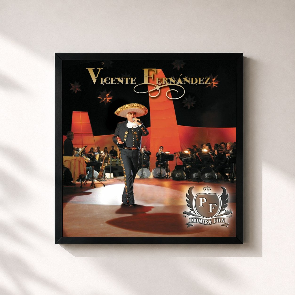 #noir Tableau carré de l'album Primera Fila de Vicente Fernández, cadre noir 32x32 cm