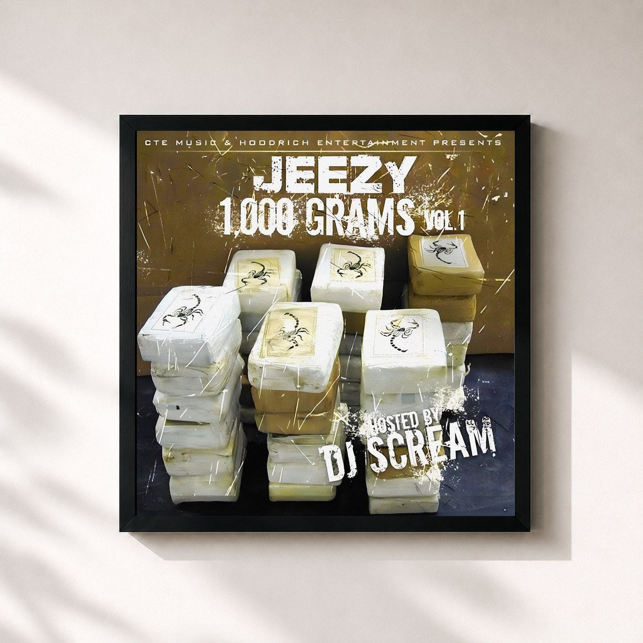 #noir Tableau carré de l'album 1000 Grams, Vol. 1 de Jeezy, cadre noir 32x32 cm