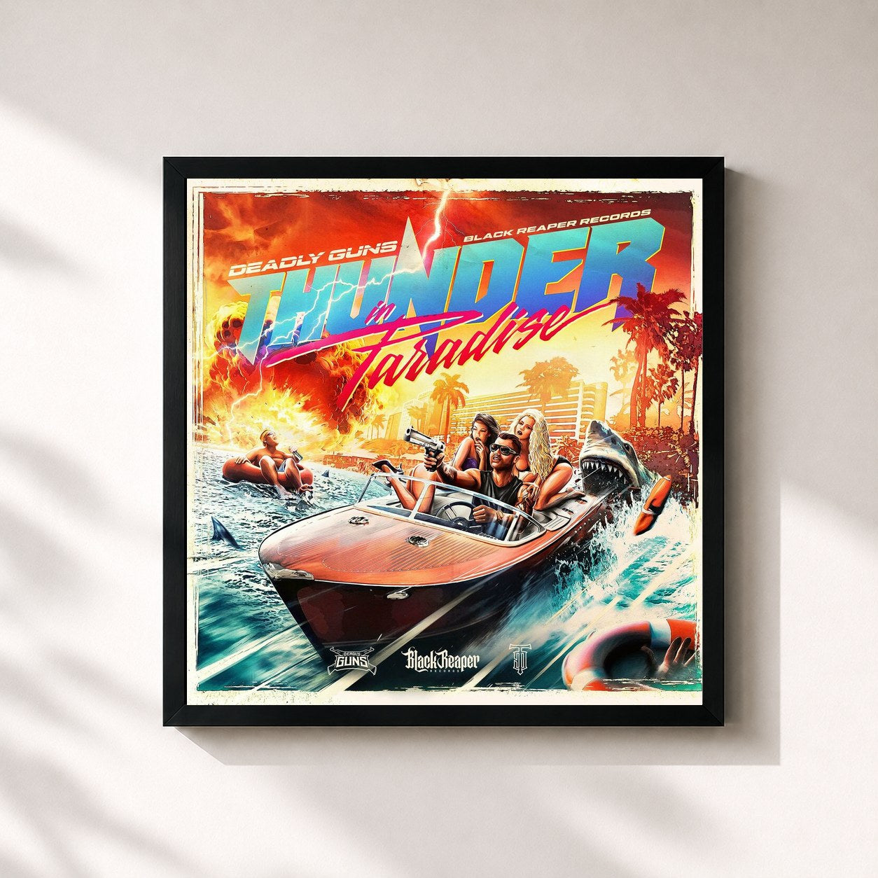 #noir Tableau carré de l'album Thunder In Paradise de Deadly Guns, cadre noir 32x32 cm