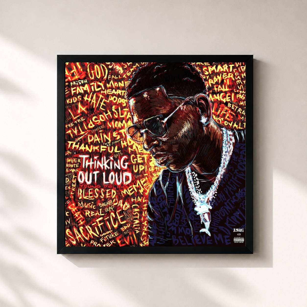 #noir Tableau carré de l'album Thinking Out Loud de Young Dolph, cadre noir 32x32 cm