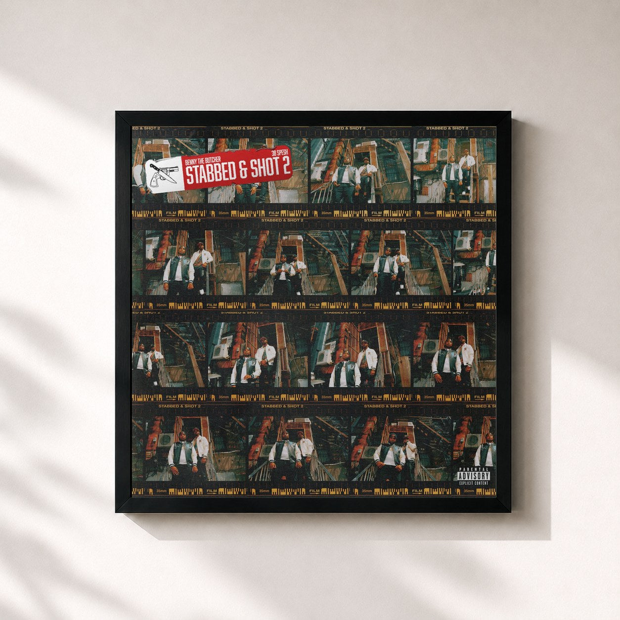 #noir Tableau carré de l'album STABBED & SHOT 2 de Benny The Butcher, cadre noir 32x32 cm