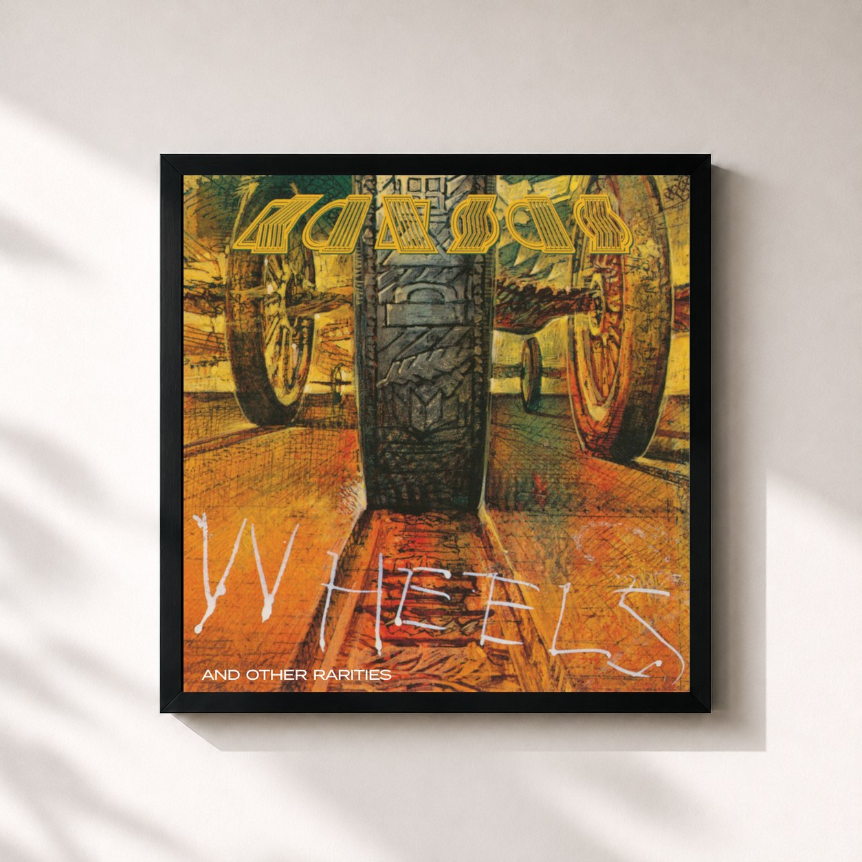#noir Tableau carré de l'album Wheels and Other Rarities de Kansas, cadre noir 32x32 cm