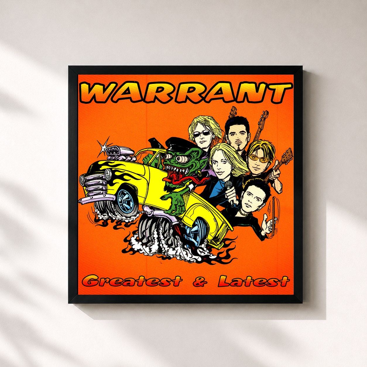 #noir Tableau carré de l'album Greatest & Latest de Warrant, cadre noir 32x32 cm