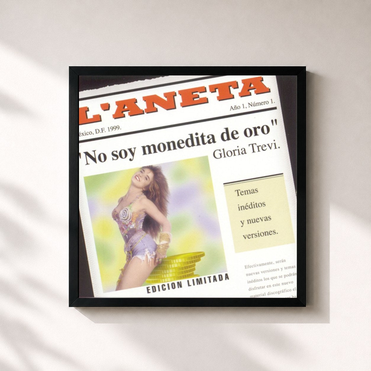 #noir Tableau carré de l'album No Soy Monedita De Oro de Gloria Trevi, cadre noir 32x32 cm