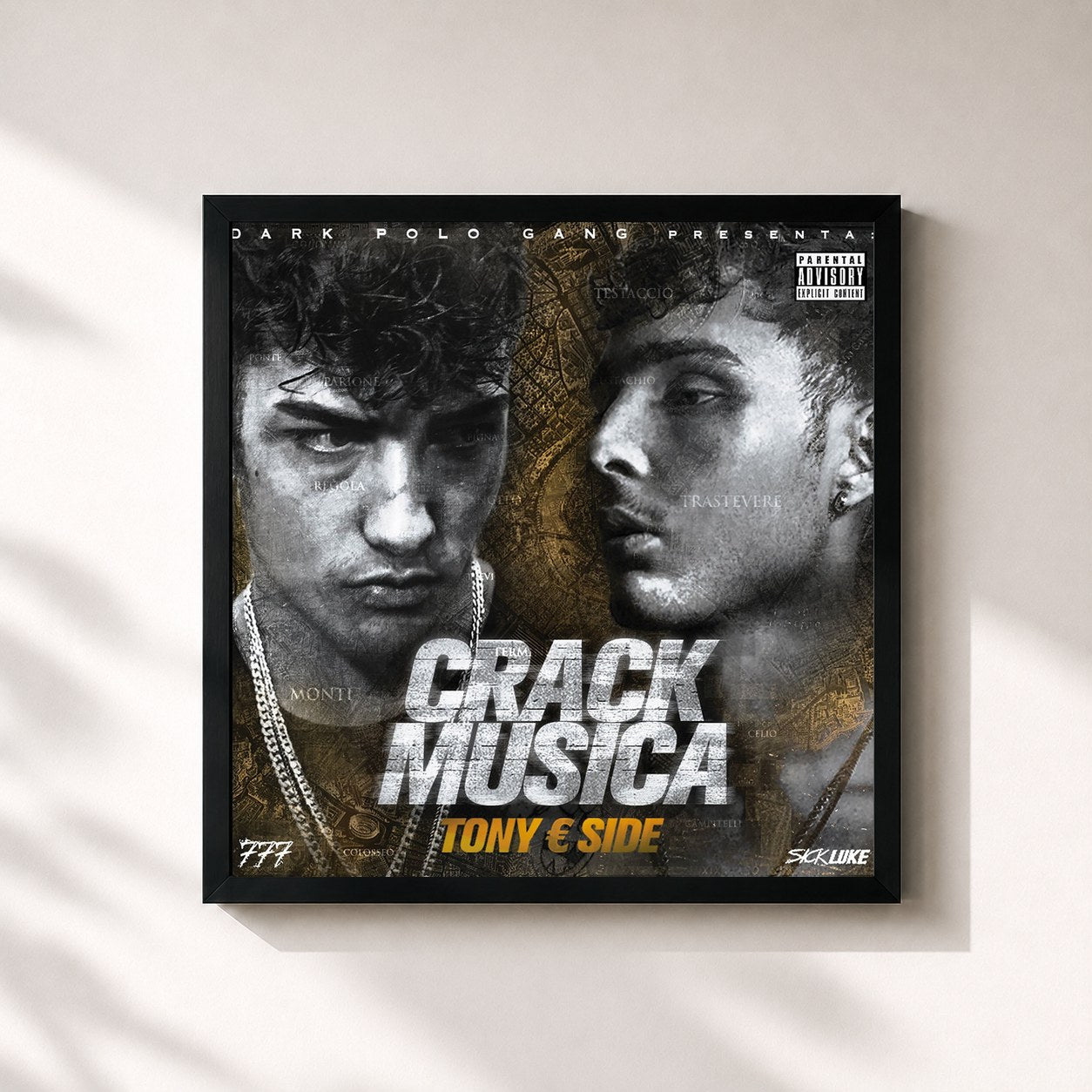#noir Tableau carré de l'album Crack Musica de Dark Polo Gang, cadre noir 32x32 cm
