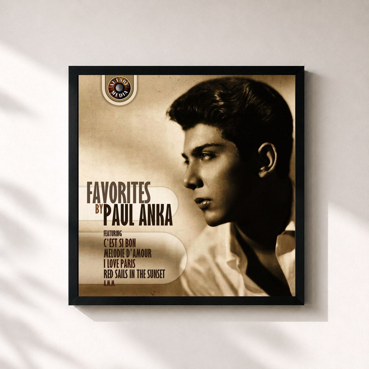 #noir Tableau carré de l'album Favorites de Paul Anka, cadre noir 32x32 cm