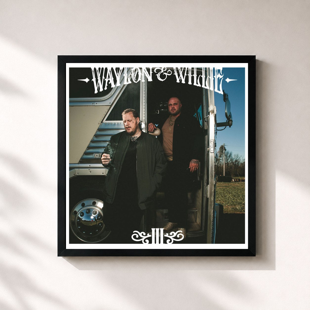 #noir Tableau carré de l'album Waylon & Willie III de Jelly Roll, cadre noir 32x32 cm