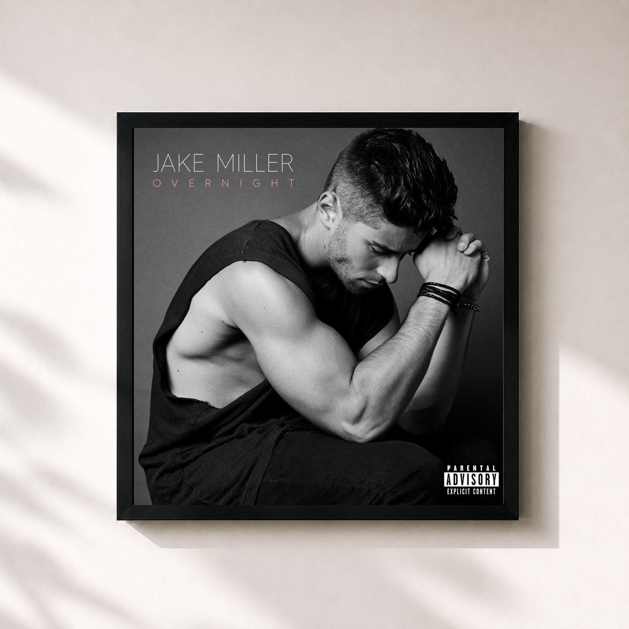 #noir Tableau carré de l'album Overnight de Jake Miller, cadre noir 32x32 cm