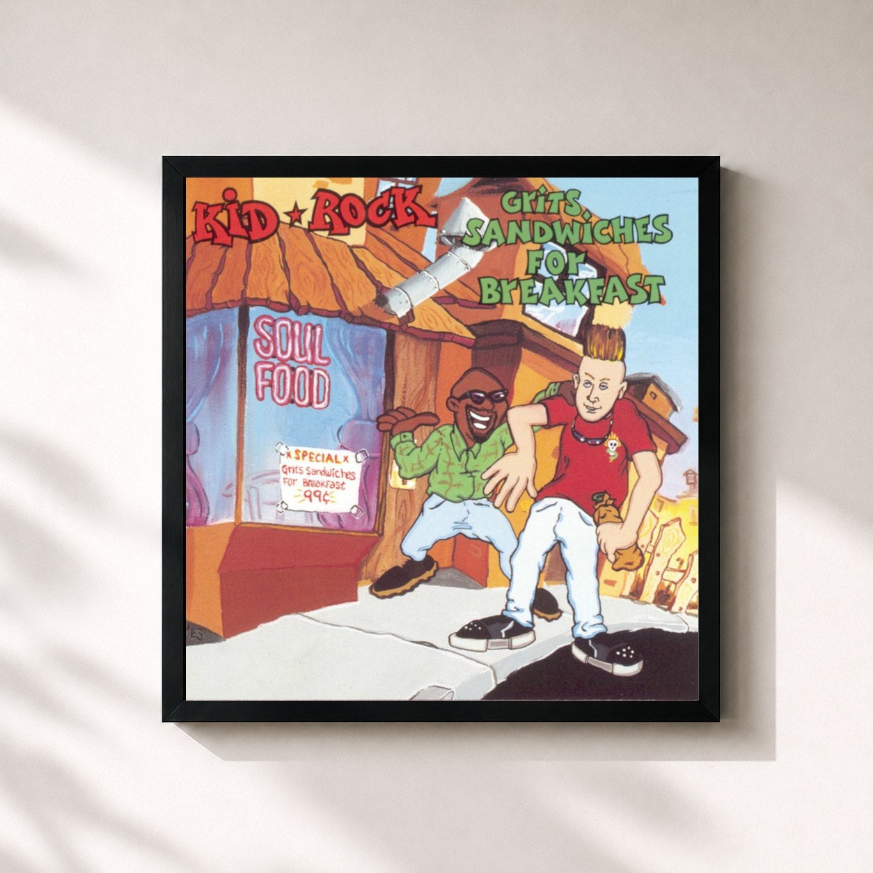 #noir Tableau carré de l'album Grits Sandwiches For Breakfast de Kid Rock, cadre noir 32x32 cm