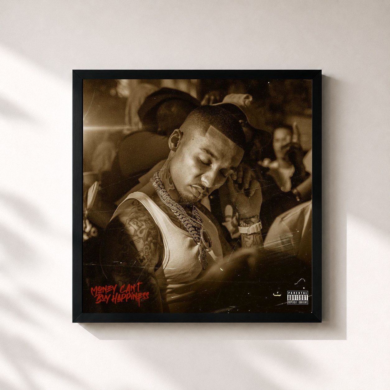 #noir Tableau carré de l'album Money Can't Buy Happiness de Fredo, cadre noir 32x32 cm