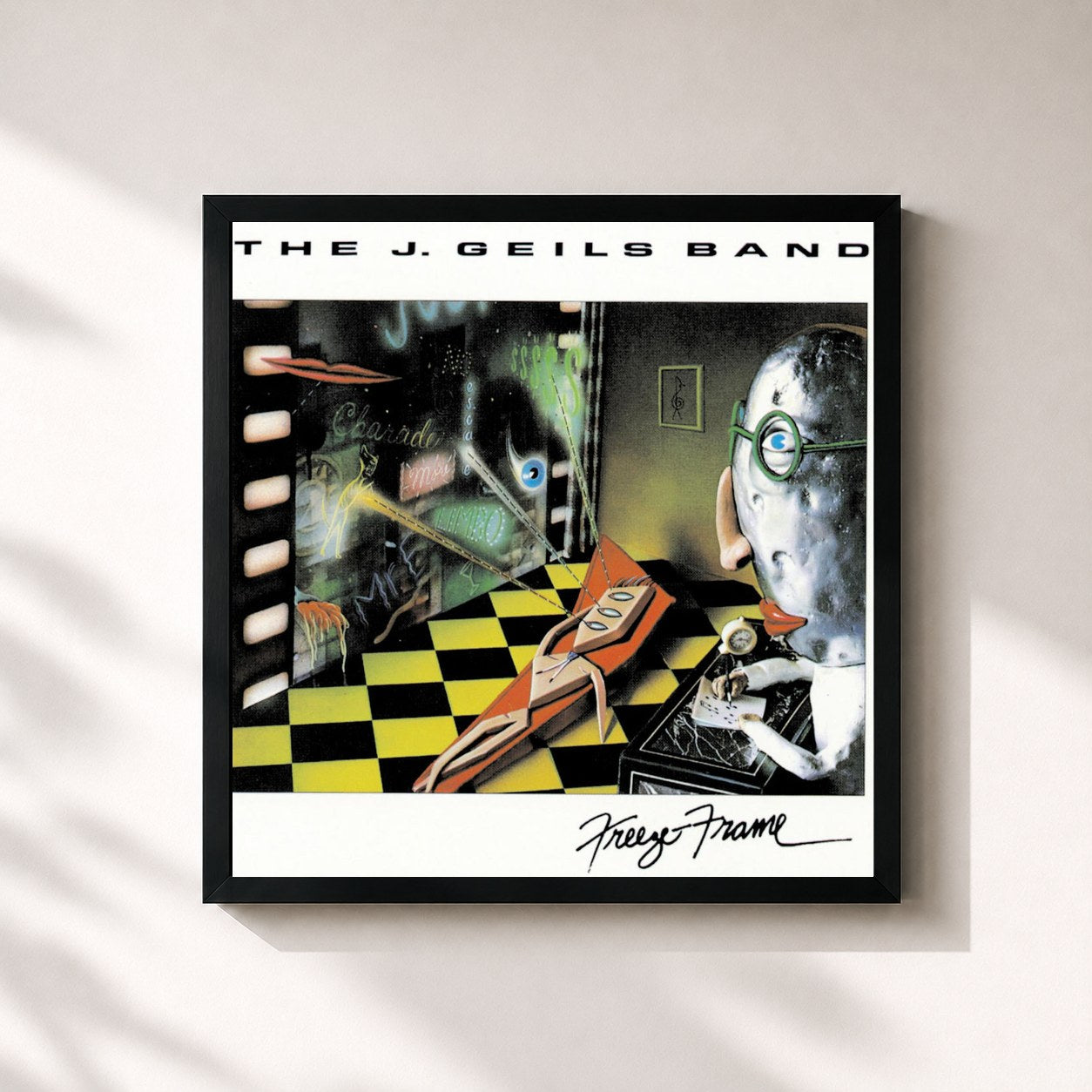#noir Tableau carré de l'album Freeze Frame de The J. Geils Band, cadre noir 32x32 cm