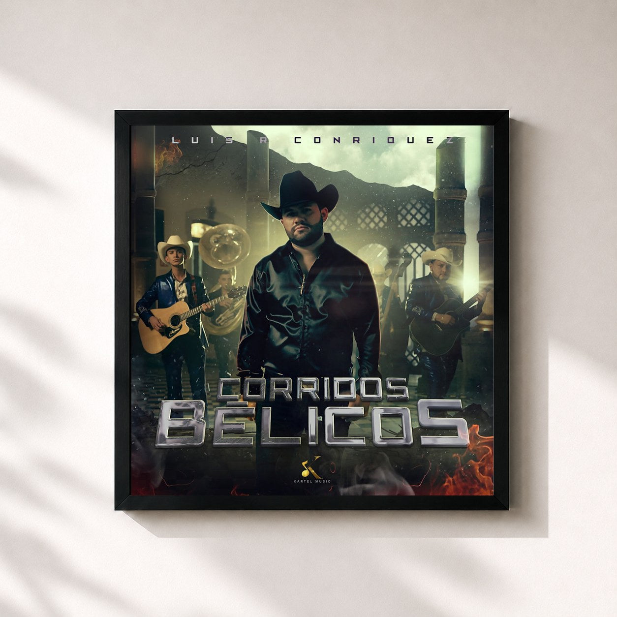 #noir Tableau carré de l'album Corridos Bélicos de Luis R Conriquez, cadre noir 32x32 cm