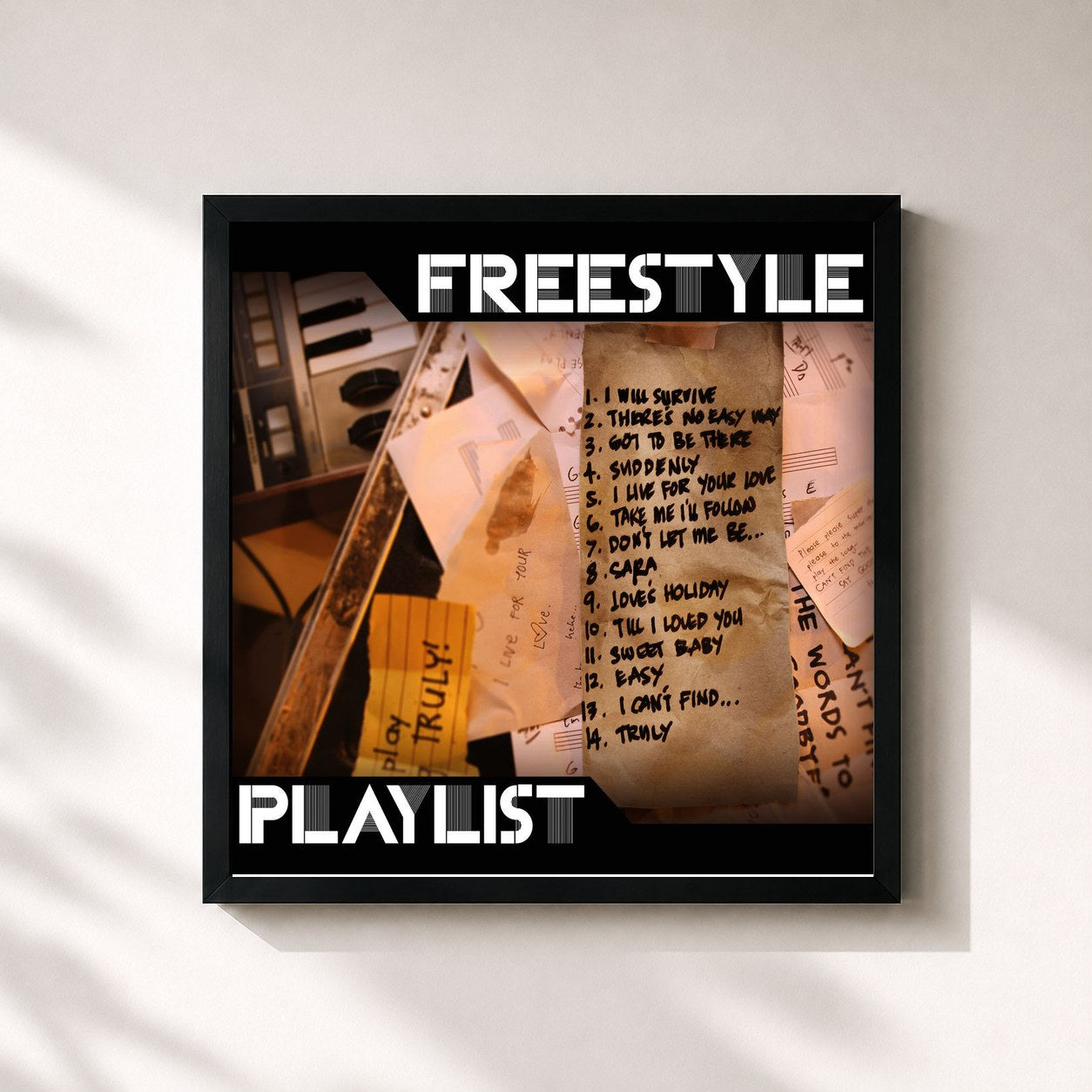 #noir Tableau carré de l'album Playlist de Freestyle, cadre noir 32x32 cm