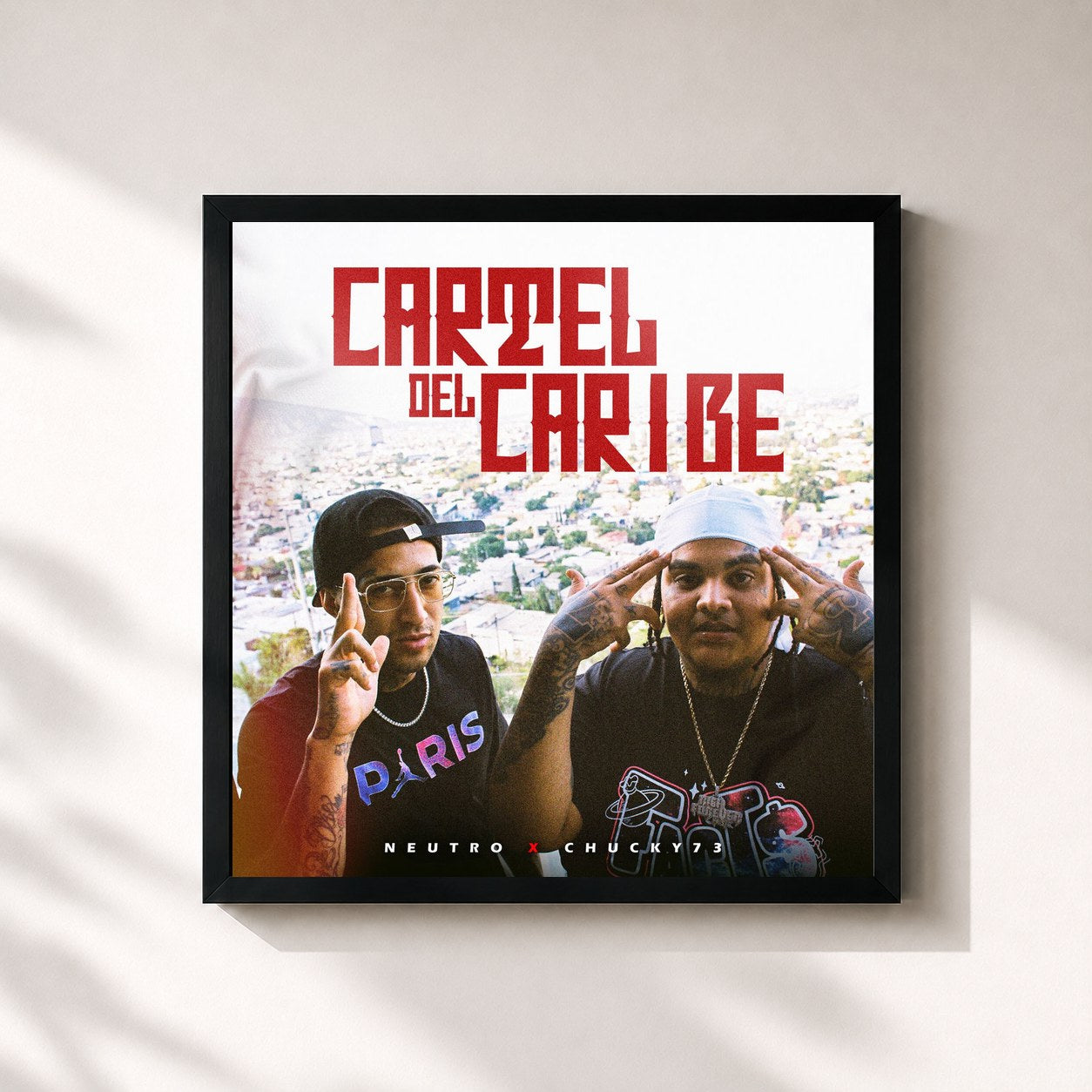 #noir Tableau carré de l'album Cartel del Caribe de Neutro Shorty, cadre noir 32x32 cm
