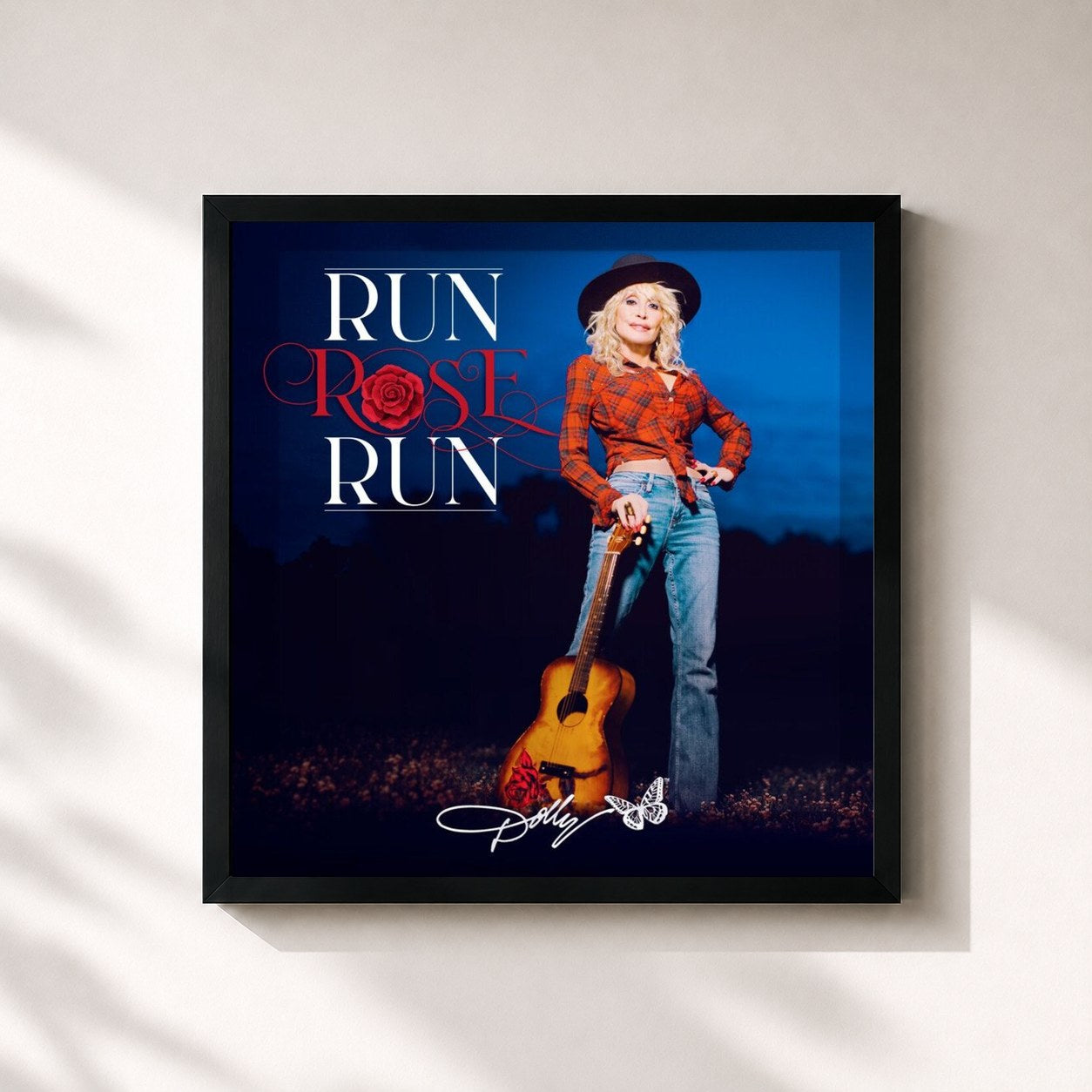 #noir Tableau carré de l'album Run, Rose, Run de Dolly Parton, cadre noir 32x32 cm