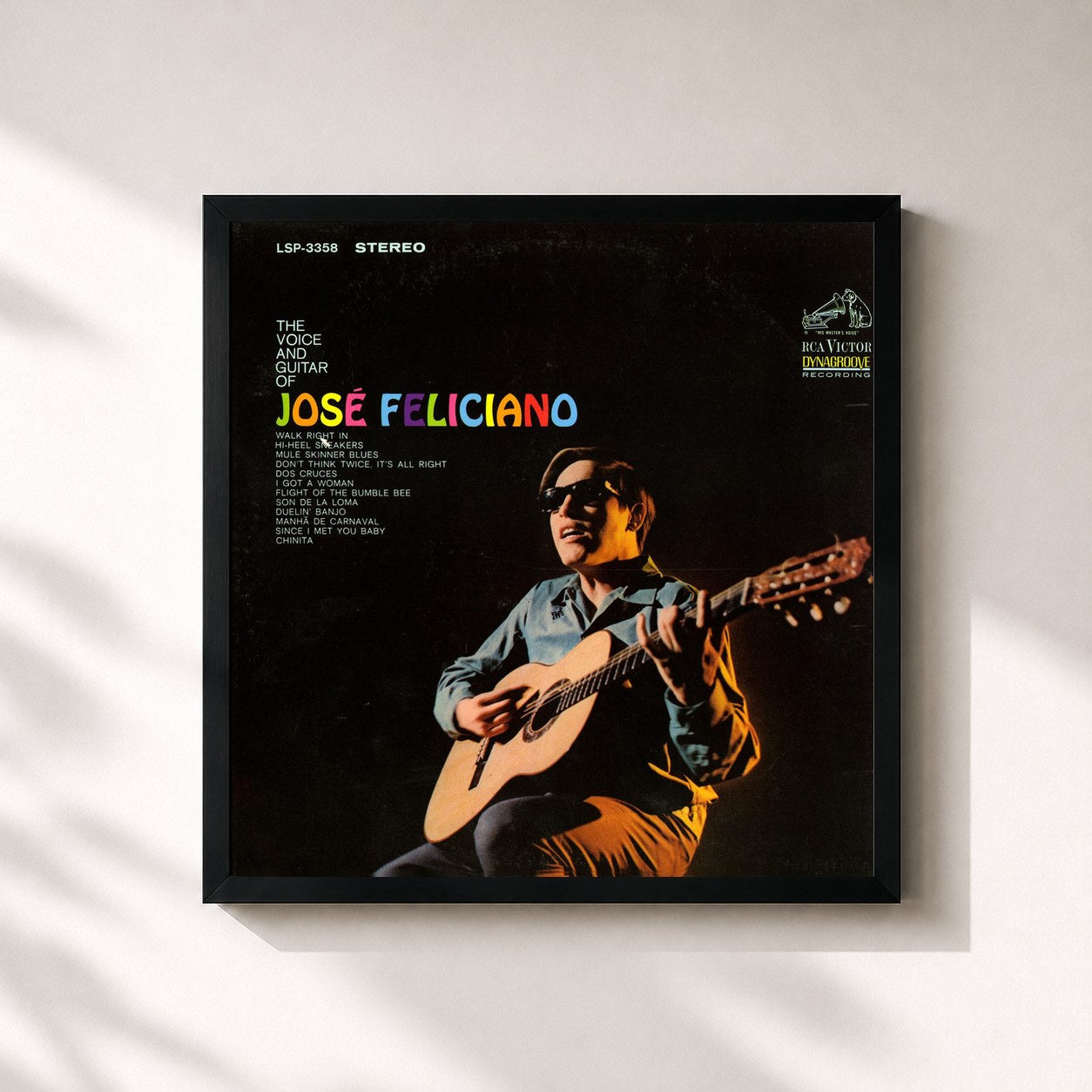 #noir Tableau carré de l'album The Voice and Guitar of José Feliciano de José Feliciano, cadre noir 32x32 cm