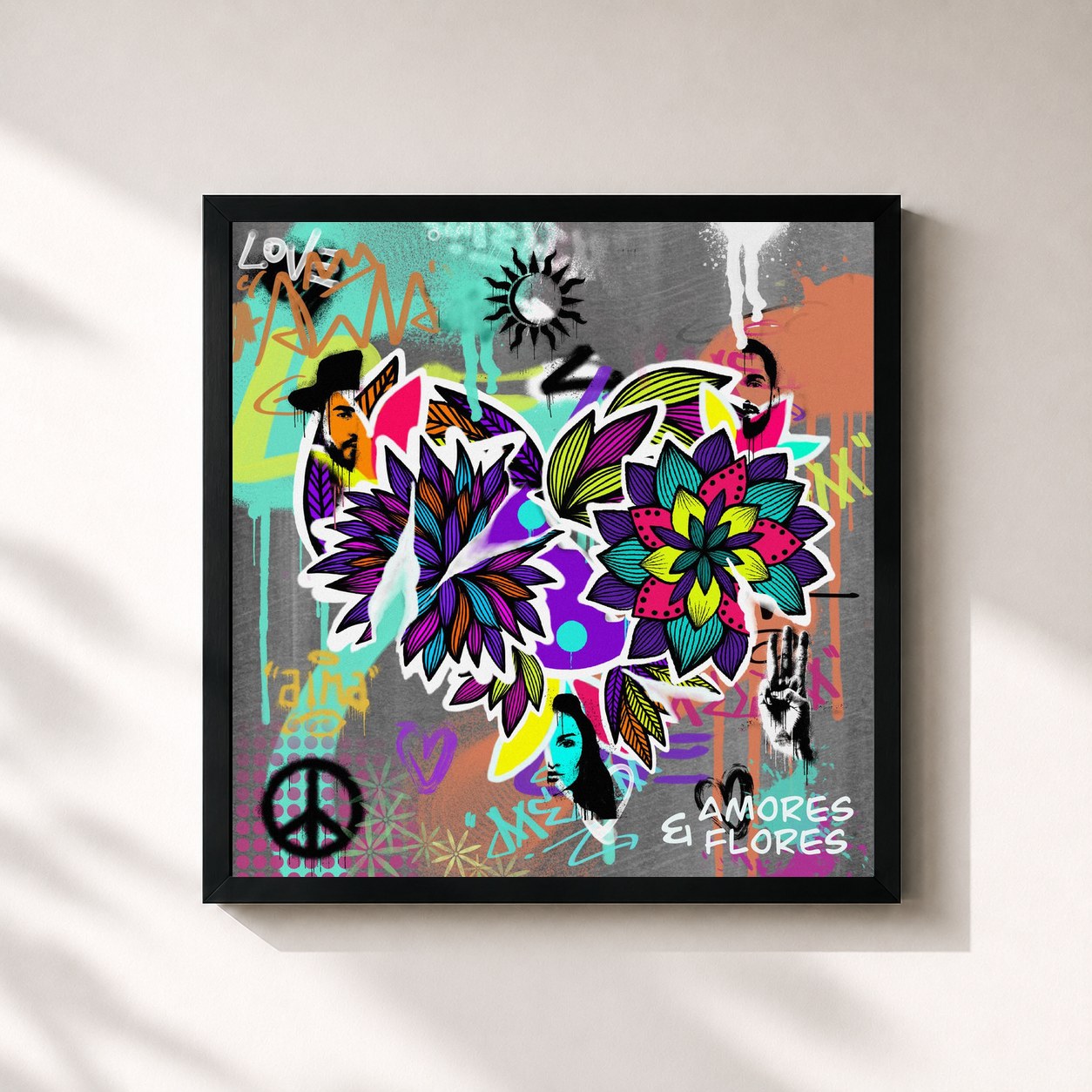 #noir Tableau carré de l'album Amores E Flores de Melim, cadre noir 32x32 cm