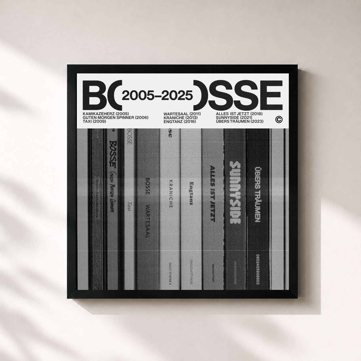 #noir Tableau carré de l'album BOSSE 2005 - 2025 de Bosse, cadre noir 32x32 cm