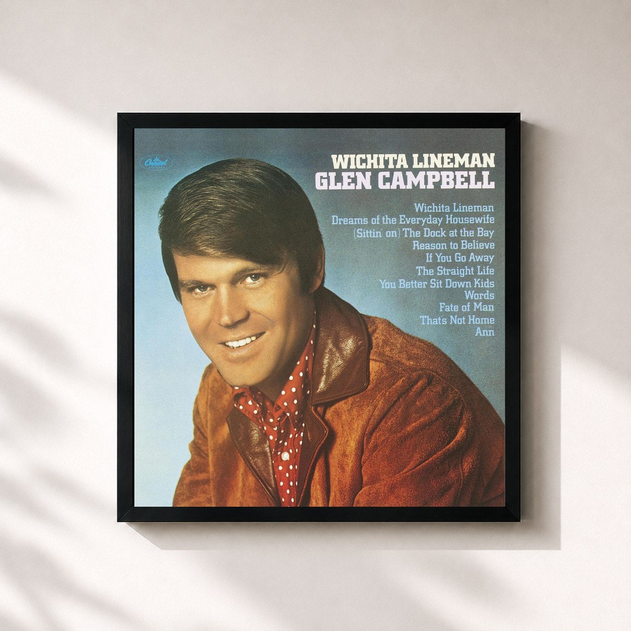 #noir Tableau carré de l'album Wichita Lineman (Remastered) de Glen Campbell, cadre noir 32x32 cm