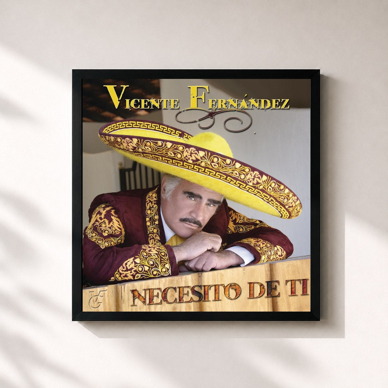 #noir Tableau carré de l'album Necesito De Ti de Vicente Fernández, cadre noir 32x32 cm