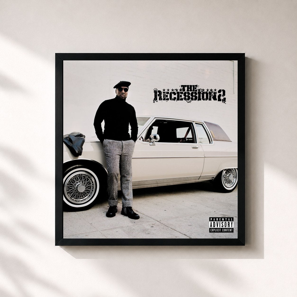 #noir Tableau carré de l'album The Recession 2 de Jeezy, cadre noir 32x32 cm