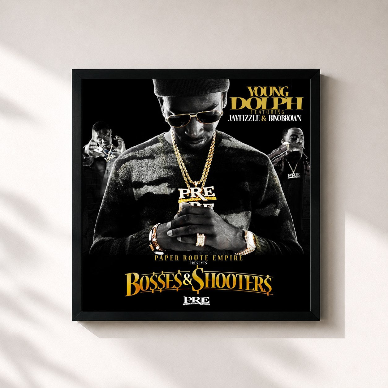 #noir Tableau carré de l'album Bosses & Shooters de Young Dolph, cadre noir 32x32 cm