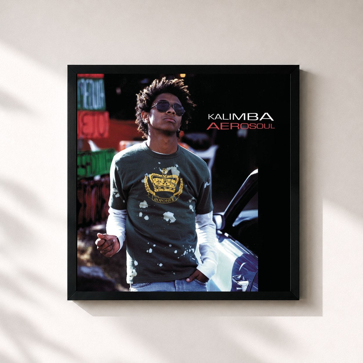 #noir Tableau carré de l'album Aerosoul de Kalimba, cadre noir 32x32 cm