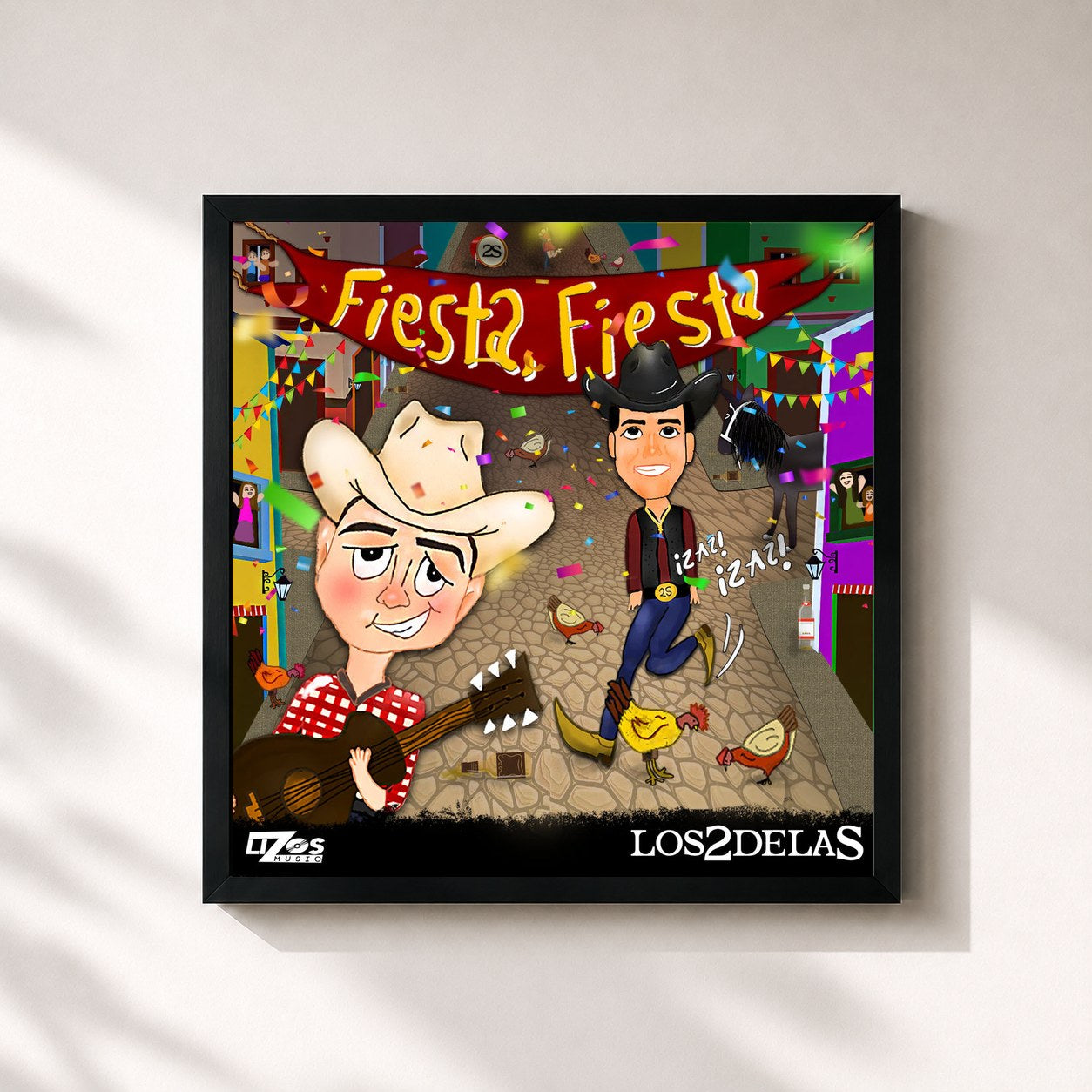 #noir Tableau carré de l'album Fiesta, Fiesta de Los 2 de la S, cadre noir 32x32 cm