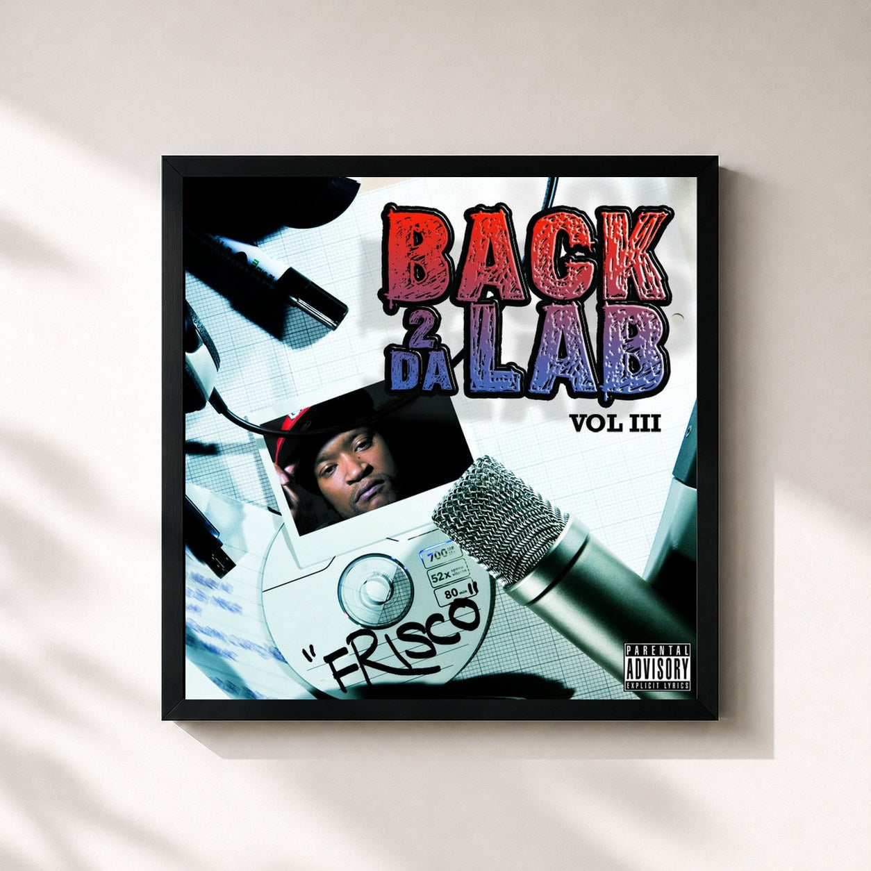 #noir Tableau carré de l'album Back 2 Da Lab, Vol. 3 de Frisco, cadre noir 32x32 cm