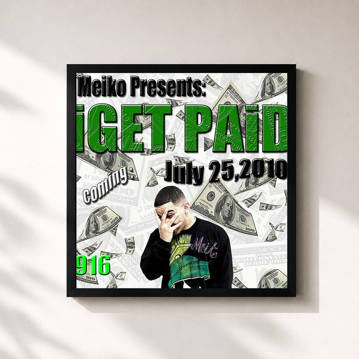 #noir Tableau carré de l'album Iget Paid de Meiko, cadre noir 32x32 cm