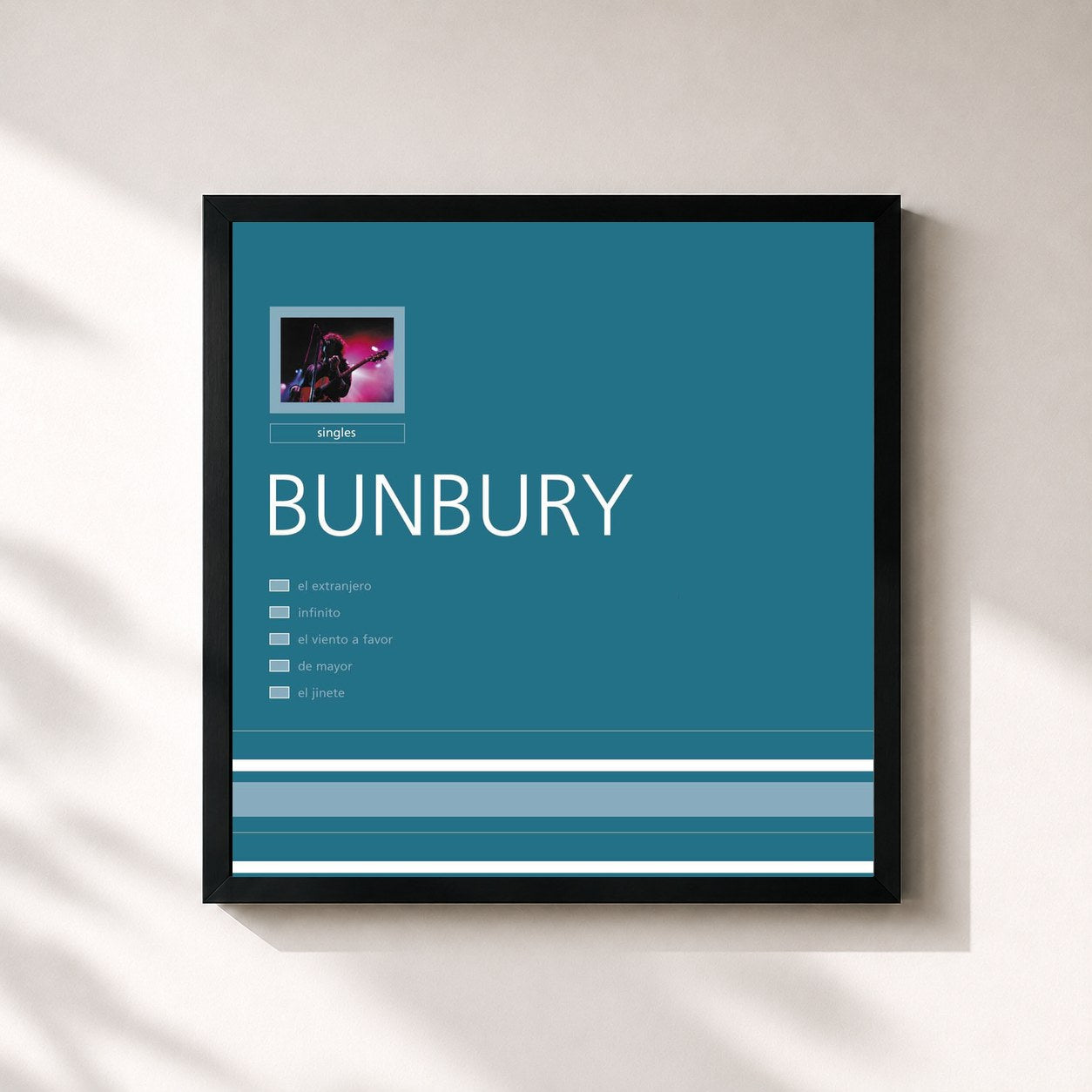 #noir Tableau carré de l'album Singles de Bunbury, cadre noir 32x32 cm