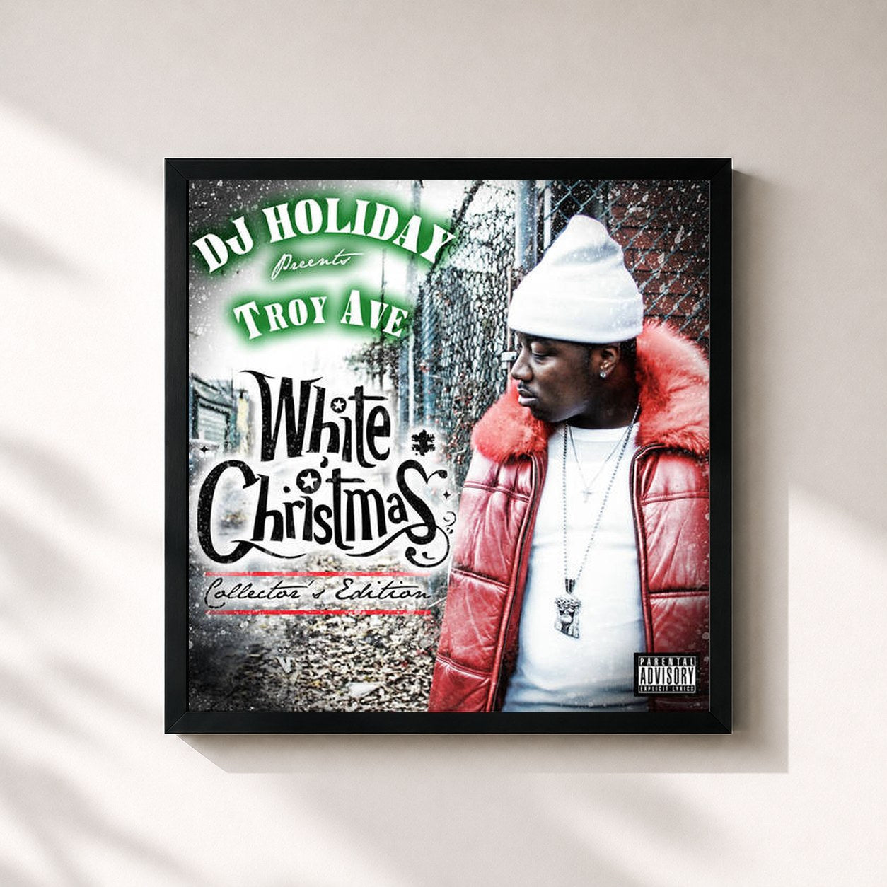 #noir Tableau carré de l'album White Christmas de Troy Ave, cadre noir 32x32 cm