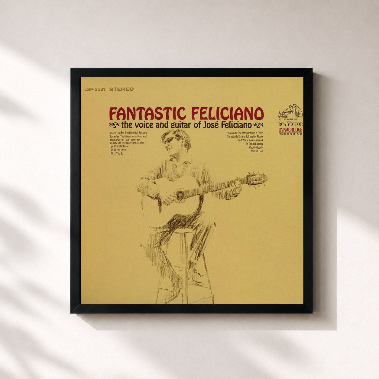 #noir Tableau carré de l'album Fantastic Feliciano de José Feliciano, cadre noir 32x32 cm