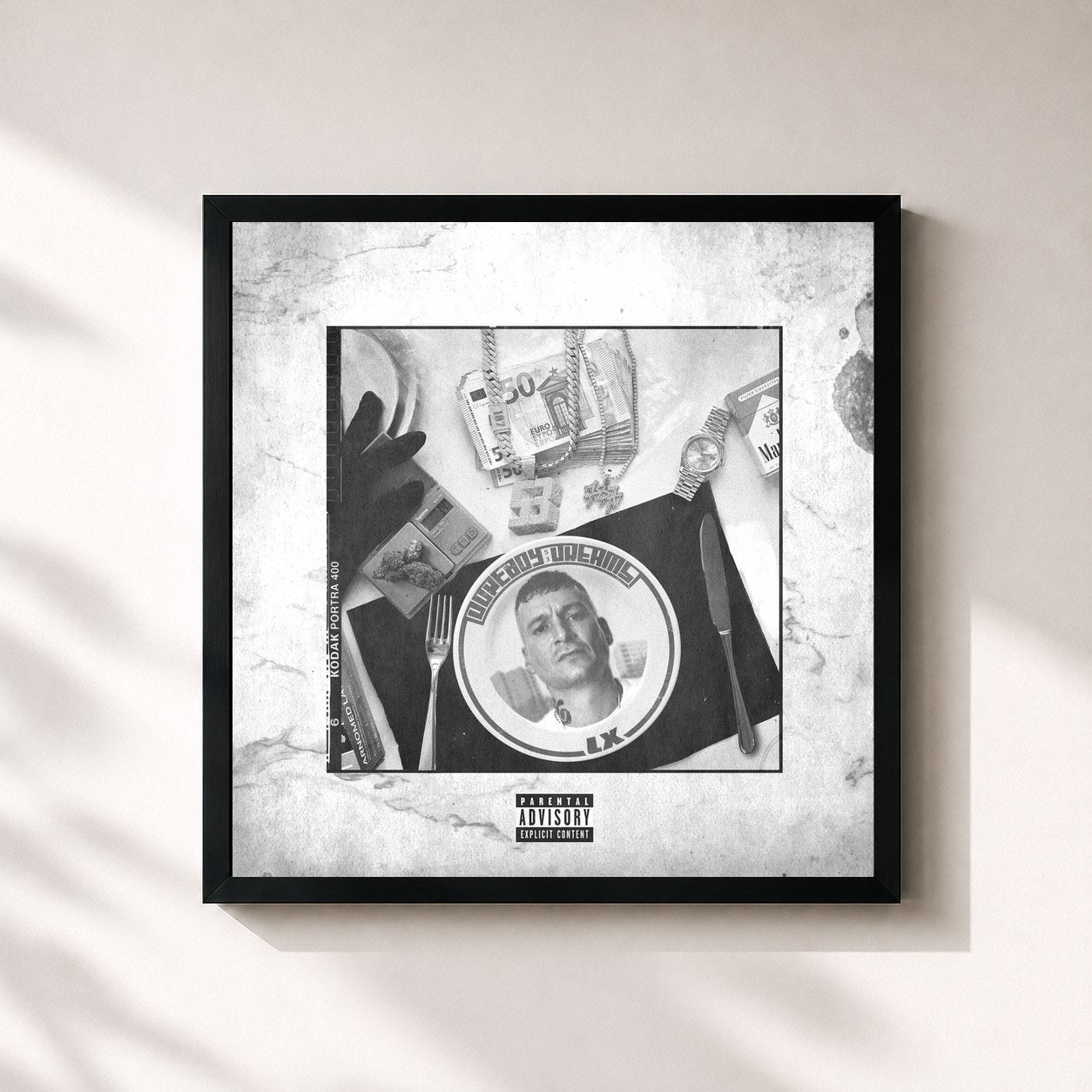 #noir Tableau carré de l'album DOPEBOY DREAMS de LX, cadre noir 32x32 cm