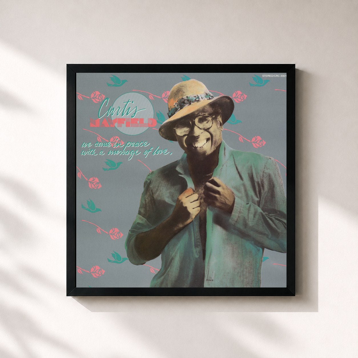 #noir Tableau carré de l'album We Come in Peace With a Message of Love de Curtis Mayfield, cadre noir 32x32 cm