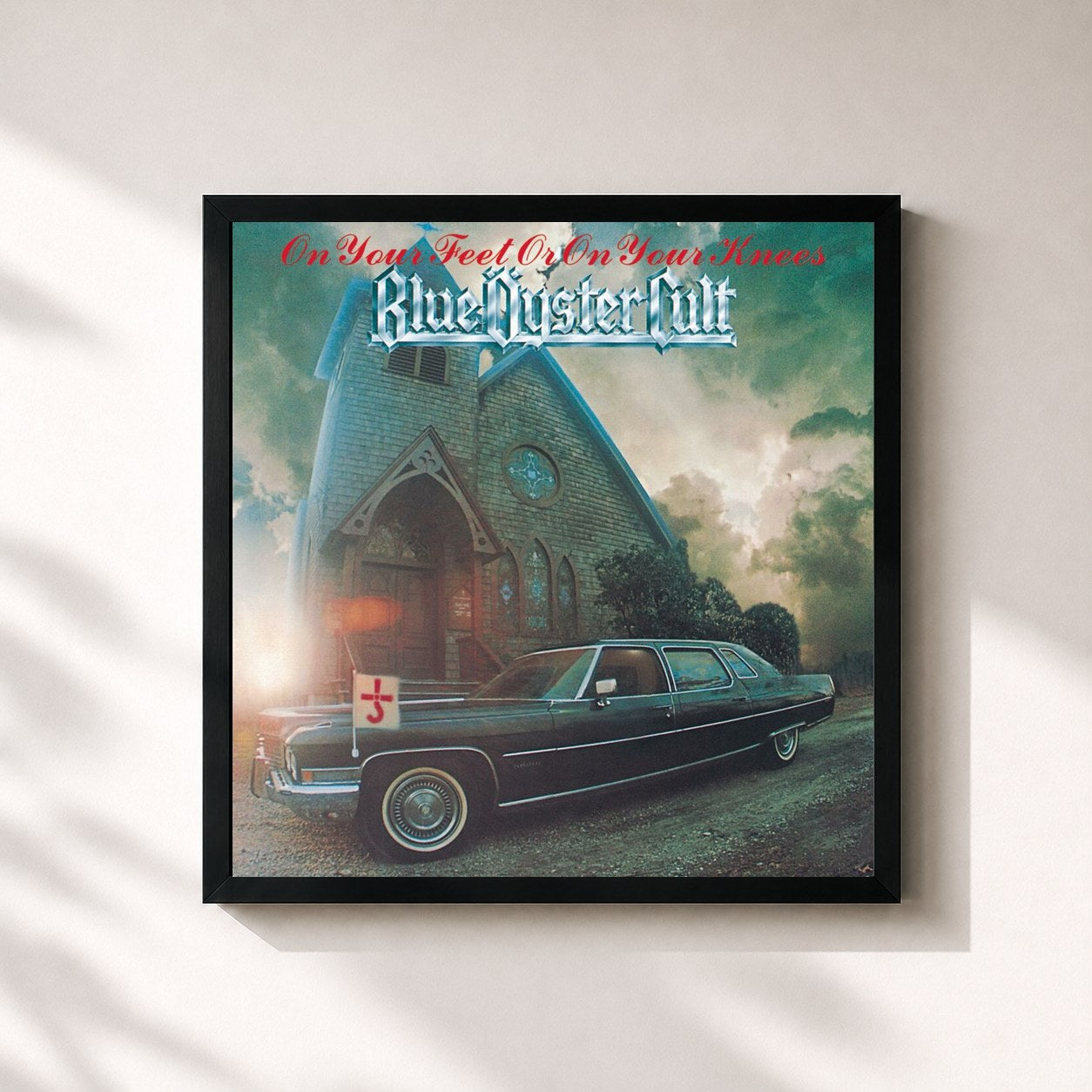 #noir Tableau carré de l'album On Your Feet Or On Your Knees de Blue Öyster Cult, cadre noir 32x32 cm