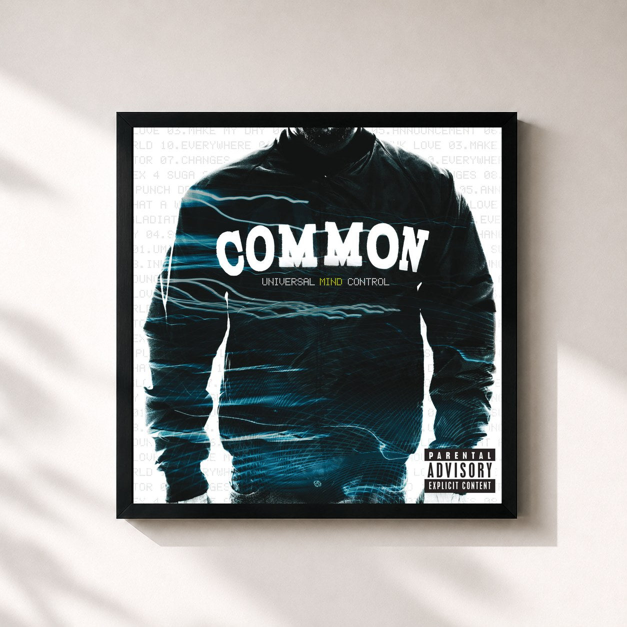 #noir Tableau carré de l'album Universal Mind Control de Common, cadre noir 32x32 cm